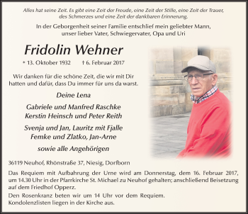 Traueranzeige von Fridolin Wehner 