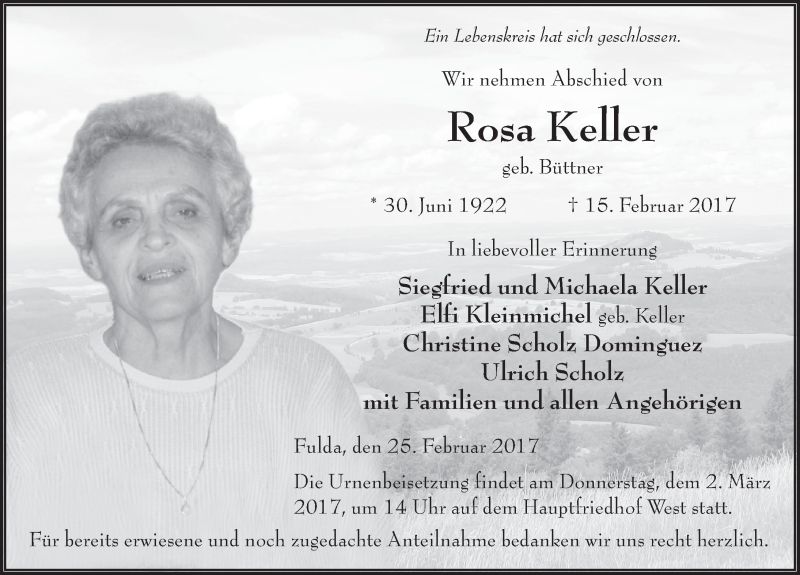  Traueranzeige für Rosa Keller vom 25.02.2017 aus 