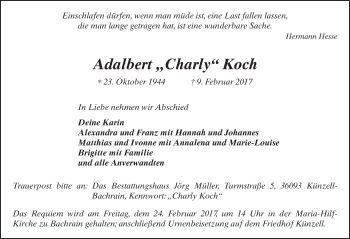Traueranzeige von Adalbert Koch 