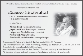 Traueranzeige von Gustav Lindenthal 