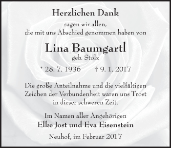 Traueranzeige von Lina Baumgartl 