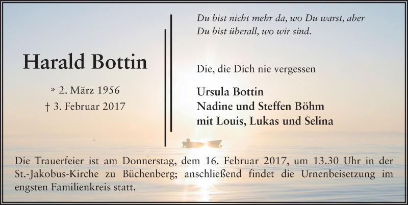  Traueranzeige für Harald Bottin vom 13.02.2017 aus 