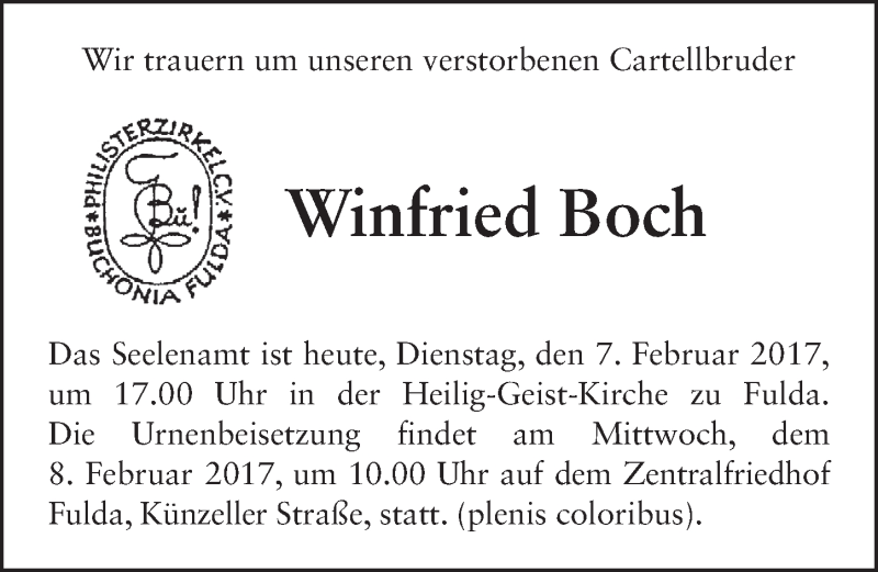  Traueranzeige für Winfried Boch vom 07.02.2017 aus 