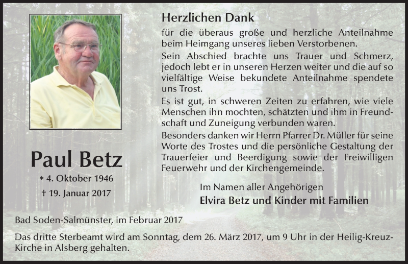  Traueranzeige für Paul Betz vom 25.02.2017 aus 