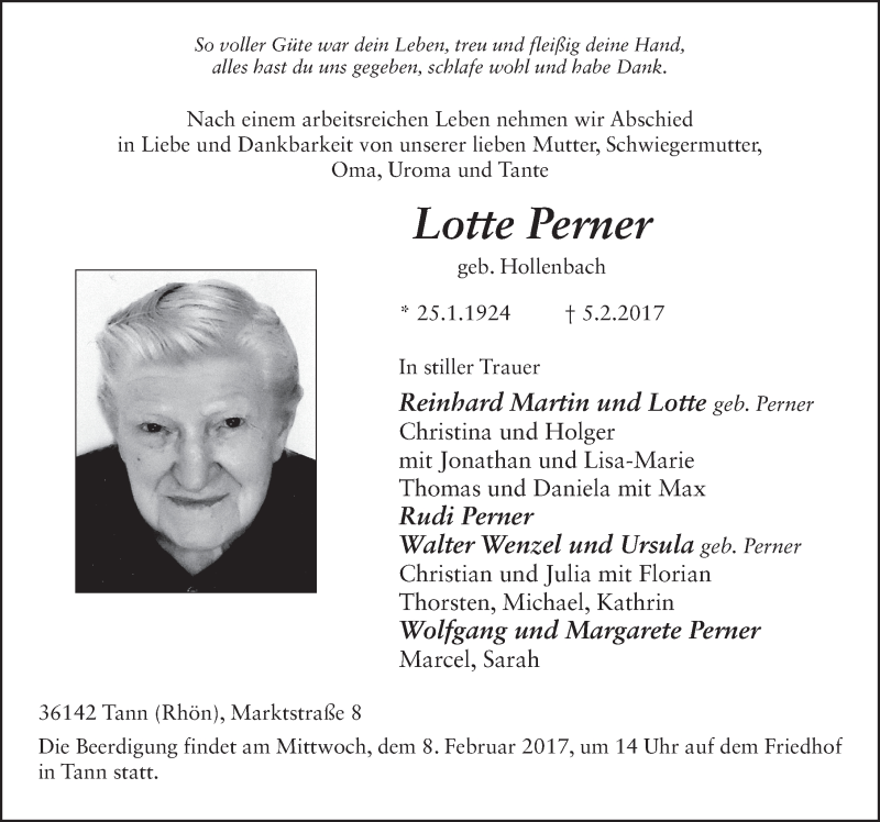  Traueranzeige für Lotte Perner vom 07.02.2017 aus 