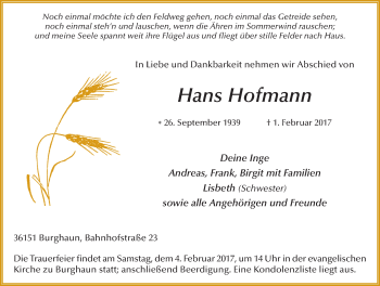 Traueranzeige von Hans Hofmann 