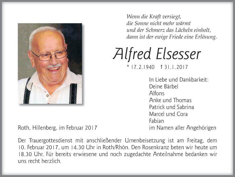  Traueranzeige für Alfred Elsesser vom 07.02.2017 aus 