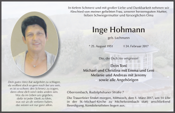 Traueranzeige von Inge Hohmann 