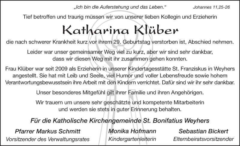  Traueranzeige für Katharina Klüber vom 18.02.2017 aus 