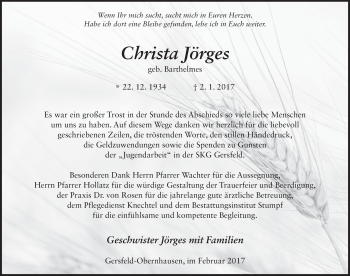 Traueranzeige von Christa Jörges 