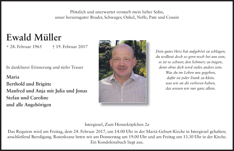  Traueranzeige für Ewald Müller vom 22.02.2017 aus 
