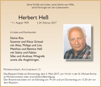 Traueranzeige von Herbert Hess 