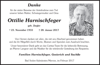 Traueranzeige von Ottilie Harnischfeger 
