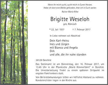 Traueranzeige von Brigitte Weseloh 