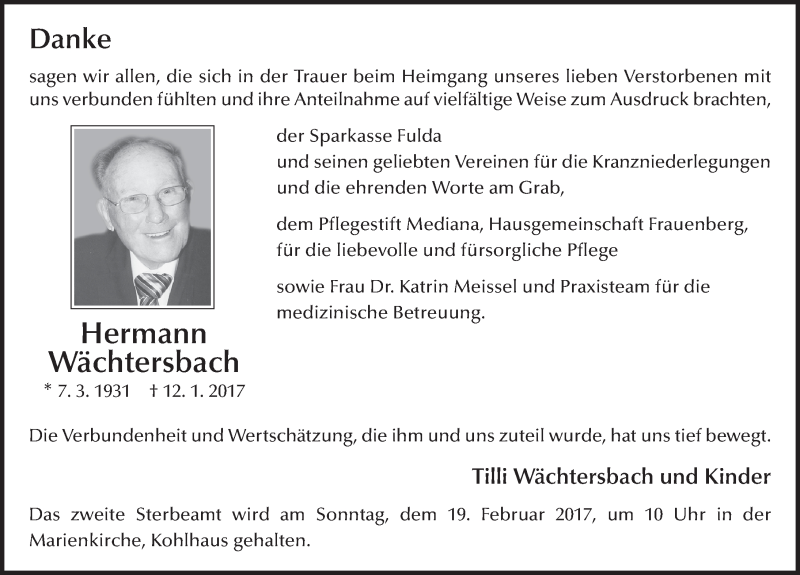  Traueranzeige für Hermann Wächtersbach vom 17.02.2017 aus 