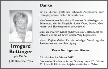 Traueranzeige von Irmgard Bettinger 