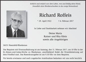 Traueranzeige von Richard Roffeis 