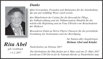 Traueranzeige von Rita Abel 