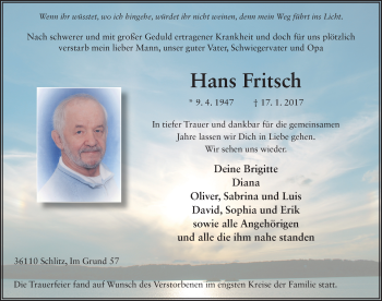 Traueranzeige von Hans Fritsch 