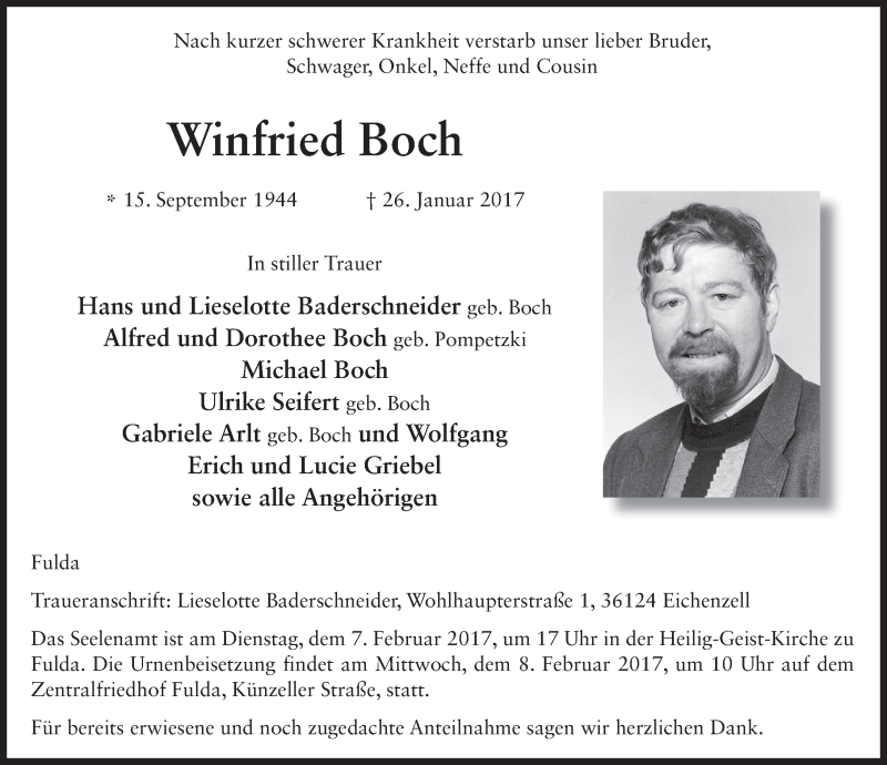  Traueranzeige für Winfried Boch vom 03.02.2017 aus 