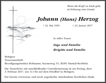 Traueranzeige von Johann Herzog 