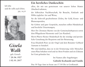 Traueranzeige von Gisela Walk 