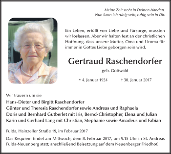 Traueranzeige von Gertraud Raschendorfer 