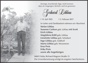 Traueranzeige von Gerhard Löhlau 