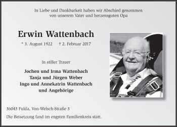 Traueranzeige von Erwin Wattenbach 