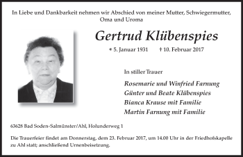 Traueranzeige von Gertrud Klübenspies 