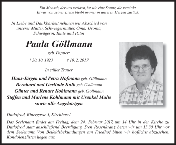 Traueranzeige von Paula Göllmann 