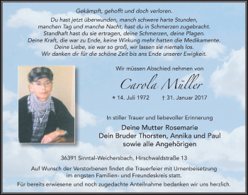 Traueranzeige von Carola Müller 