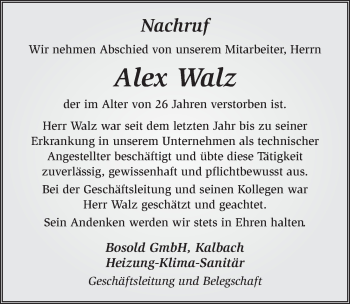 Traueranzeige von Alex Walz 