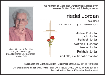 Traueranzeige von Friedel Jordan 