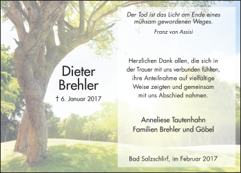 Traueranzeige von Dieter Brehler 