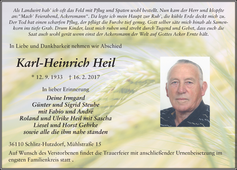  Traueranzeige für Karl-Heinrich Heil vom 18.02.2017 aus 