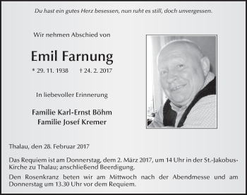 Traueranzeige von Emil Farnung 