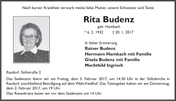 Traueranzeige von Rita Budenz 