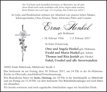 Traueranzeige von Erna Henkel 