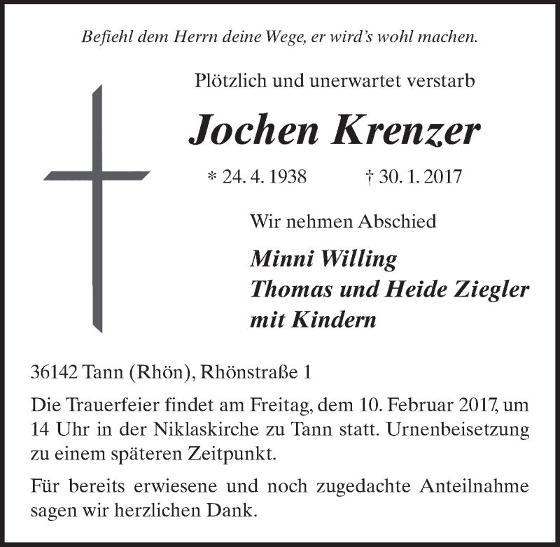  Traueranzeige für Jochen Krenzer vom 08.02.2017 aus 