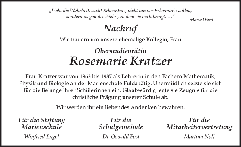  Traueranzeige für Rosemarie Kratzer vom 10.02.2017 aus 