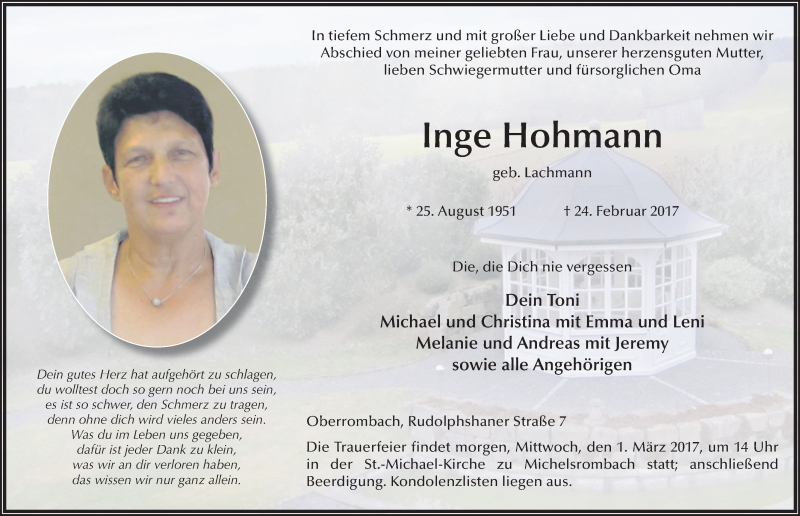  Traueranzeige für Inge Hohmann vom 28.02.2017 aus 