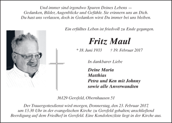 Traueranzeige von Fritz Maul 