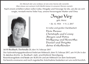 Traueranzeige von Inge Vey 