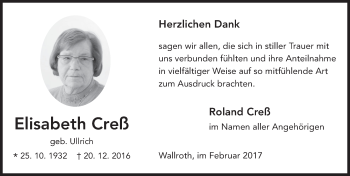 Traueranzeige von Elisabeth Creß 