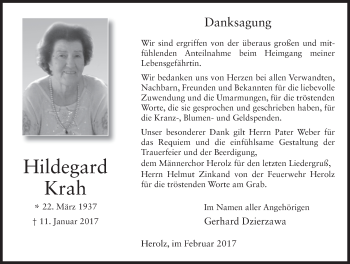 Traueranzeige von Hildegard Krah 