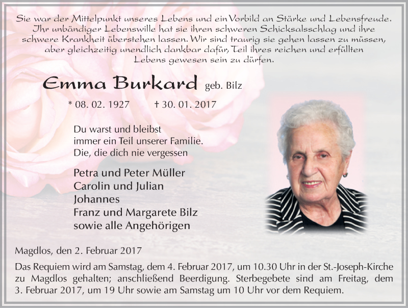  Traueranzeige für Emma Burkard vom 02.02.2017 aus 