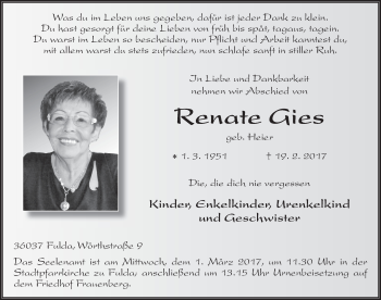 Traueranzeige von Renate Gies 