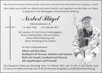 Traueranzeige von Norbert Flügel 