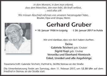 Traueranzeige von Gerhard Gruber 